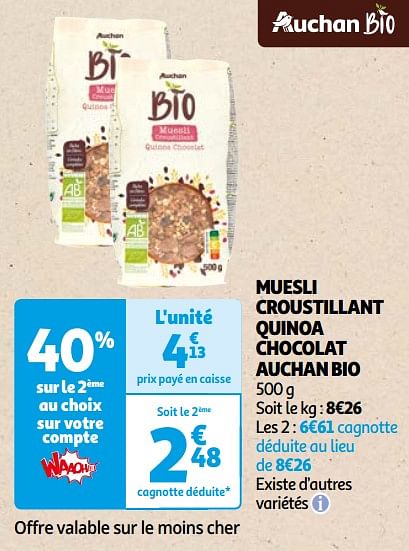 Muesli Croustillant Quinoa Chocolat Auchan Bio Huismerk Auchan