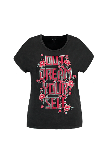 Promotions MS Mode Dames T-shirt met tekstprint en strass Grijs - Produit maison - MS Mode - Valide de 30/09/2019 à 13/10/2019 chez MS Mode