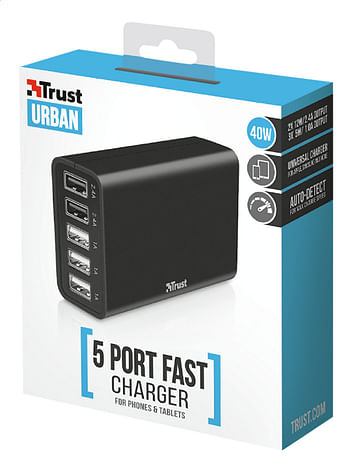 Promoties Trust lader USB Fast Charger 5 poorten - Trust - Geldig van 10/10/2019 tot 29/10/2019 bij Dreamland