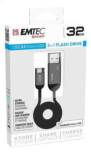 Promotions Emtec câble USB vers micro-USB T750 3 en 1 - 32 Go - Emtec - Valide de 17/10/2019 à 04/12/2019 chez Dreamland