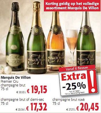 Promoties Marquis De Villon Premier Cru champagne brut 75 cl - Champagne - Geldig van 16/12/2009 tot 04/01/2010 bij Colruyt
