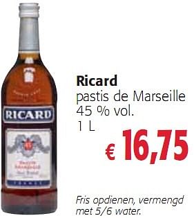 Promoties Ricard Pastis de Marseille 45% 1L - Ricard - Geldig van 16/12/2009 tot 04/01/2010 bij Colruyt