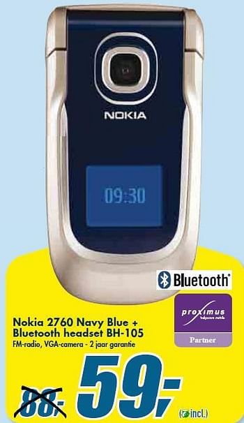 Promoties Nokia 2760 Navy Blue + Bluetooth headset  - Nokia - Geldig van 30/12/2009 tot 26/01/2010 bij Makro