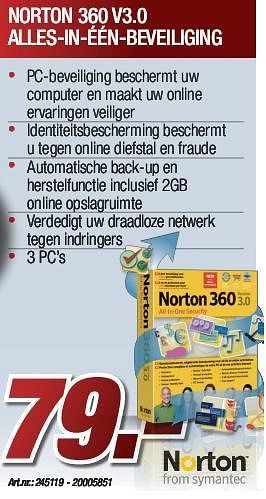 Promoties Norton 360 V3.0 alles-in-één-beveiliging - Norton - Geldig van 04/01/2010 tot 31/01/2010 bij Auva