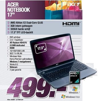 Promoties Notebook 17 - Acer - Geldig van 04/01/2010 tot 31/01/2010 bij Auva