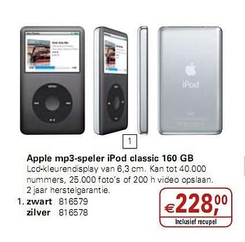 Promoties Apple mp3-speler iPod classic  - Appel - Geldig van 05/01/2010 tot 19/01/2010 bij Colruyt