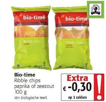 Promotions Ribble chips paprika of zeezout 100 g - Bio-time - Valide de 05/01/2010 à 19/01/2010 chez Colruyt