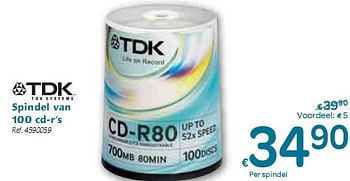 Promotions Spindel van 100 cd-rs - TDK - Valide de 06/01/2010 à 16/01/2010 chez Carrefour