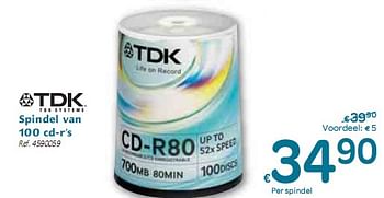 Promoties Spindel van 100 cd-rs - TDK - Geldig van 06/01/2010 tot 16/01/2010 bij Carrefour