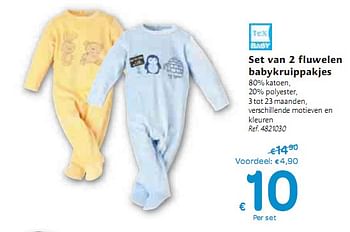 Promotions Set van 2 fluwelen babykruippakjes  - Tex - Valide de 06/01/2010 à 16/01/2010 chez Carrefour