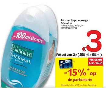 Promoties Set douchegel massage Palmolive - Palmolive - Geldig van 06/01/2010 tot 16/01/2010 bij Carrefour