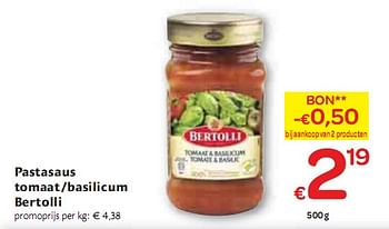 Promotions Pastasaus tomaat|basilicum  - Bertolli - Valide de 06/01/2010 à 16/01/2010 chez Carrefour