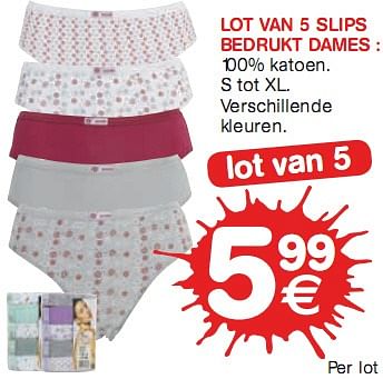 Promoties Lot van 5 slips bedrukt dames - Huismerk - Trafic  - Geldig van 06/01/2010 tot 17/01/2010 bij Trafic