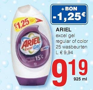 Promotions excel gel regular of color 25 wasbeurten - Ariel - Valide de 07/01/2010 à 20/01/2010 chez Eurospar (Colruytgroup)