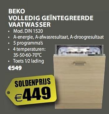 Promoties Volledig geïntegreerde vaatwasser - Beko - Geldig van 07/01/2010 tot 31/01/2010 bij Bertels Excellent