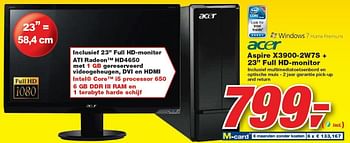 Promotions Aspire + Full HD-monitor - Acer - Valide de 13/01/2010 à 26/01/2010 chez Makro