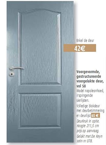 Promoties Voorgevormde, gestructureerde voorgelakte deur, vol S8 - Huismerk - BricoPlanit - Geldig van 20/01/2010 tot 08/02/2010 bij BricoPlanit