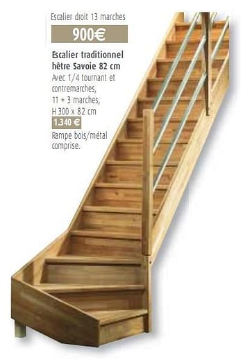 Promotions Escalier traditionnel hêtre Savoie 82 cm - Produit maison - BricoPlanit - Valide de 20/01/2010 à 08/02/2010 chez BricoPlanit