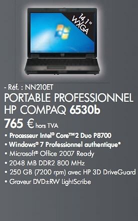 Promotions PORTABLE PROFESSIONNEL HP COMPAQ 6530b - HP - Valide de 01/02/2010 à 31/03/2010 chez Auva