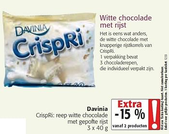 Promoties Witte chocolade met rijst - Davinia - Geldig van 03/02/2010 tot 16/02/2010 bij Colruyt