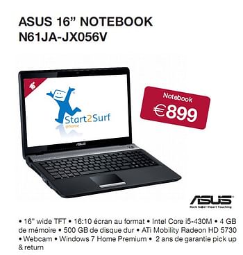 Promotions NOTEBOOK  - Asus - Valide de 22/02/2010 à 13/03/2010 chez Altijd Actie