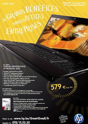 Promotions Portable professionnel HP ProBook 4510s - HP - Valide de 01/03/2010 à 31/03/2010 chez Auva