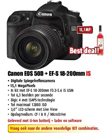 Promoties Canon EOS 50D + EF-S 18-200mm IS - Canon - Geldig van 21/03/2010 tot 25/04/2010 bij Top Camera