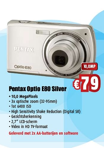 Promoties Pentax Optio E80 Silver - Pentax - Geldig van 21/03/2010 tot 25/04/2010 bij Top Camera