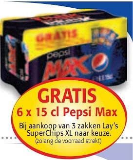 Promoties Gratis 6 pack pepsi max bij aankoop van 3 zakken Lays superchips xl naar keuze - Pepsi - Geldig van 28/04/2010 tot 11/05/2010 bij Alvo