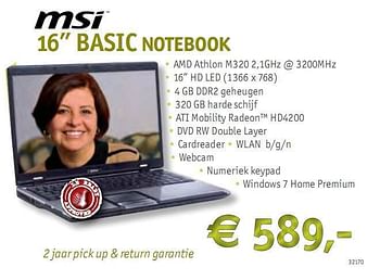 Promoties Basic notebook - MSI - Geldig van 07/05/2010 tot 09/06/2010 bij LBCS