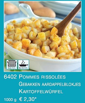 Promoties 6402 pommes rissolées gebakken aardappelblokjes kartoffelwürfel - Huismerk - Eismann - Geldig van 10/05/2010 tot 22/05/2010 bij Eismann