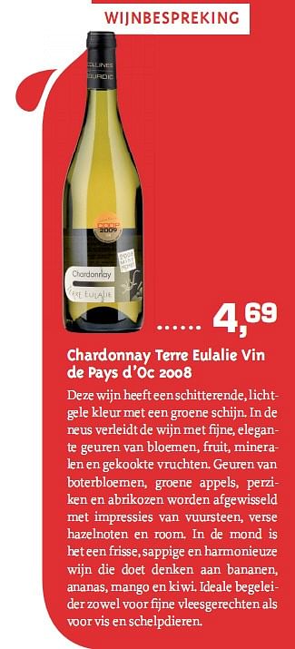 Promoties Chardonnay terre eulalie vin de pays d’oc 2008 - Witte wijnen - Geldig van 01/06/2010 tot 30/06/2010 bij Alvo