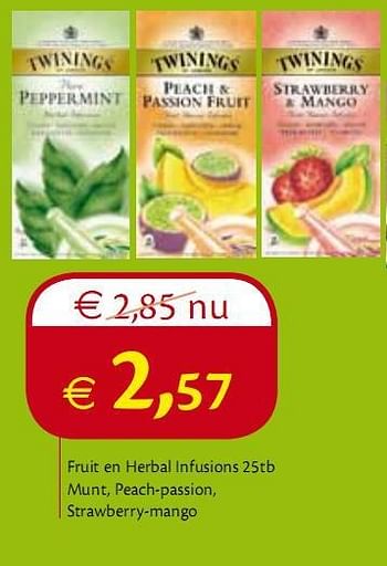 Promoties Fruit en herbal infusions 25tb munt, peach-passion - Twinings - Geldig van 01/06/2010 tot 30/06/2010 bij Holland & Barret