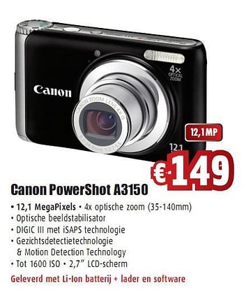 Promoties Canon powershor a3150 - Canon - Geldig van 09/06/2010 tot 29/08/2010 bij Top Camera
