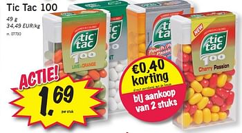 Promoties 100 49 g 34,49 eur-kg - TicTac - Geldig van 02/08/2010 tot 07/08/2010 bij Lidl