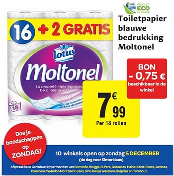 Promoties Toiletpapier blauwe bedrukking - Moltonel - Geldig van 01/12/2010 tot 11/12/2010 bij Carrefour