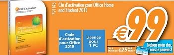 Promotions Clé d`activation pour Office Home and Student 2010 - Microsoft - Valide de 01/12/2010 à 31/12/2010 chez Krefel