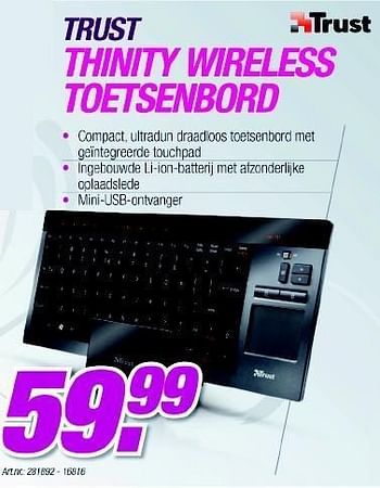 Promotions Thinity wireless toetsenbord - Trust - Valide de 06/12/2010 à 04/01/2011 chez Van Roey Automation