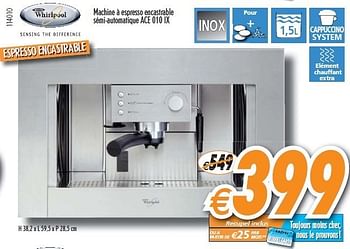Promotions Machine à espresso encastrable sémi-automatique  - Whirlpool - Valide de 08/12/2010 à 31/12/2010 chez Krefel