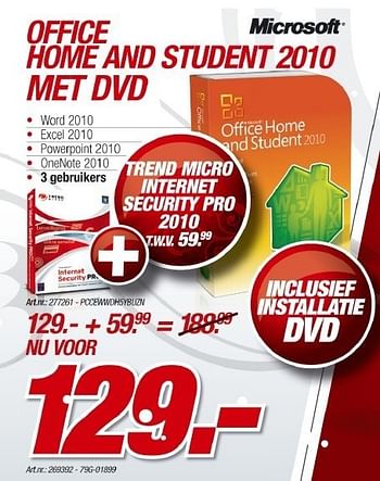 Promotions Office home and student 2010 met dvd - Microsoft - Valide de 20/12/2010 à 15/01/2011 chez Auva