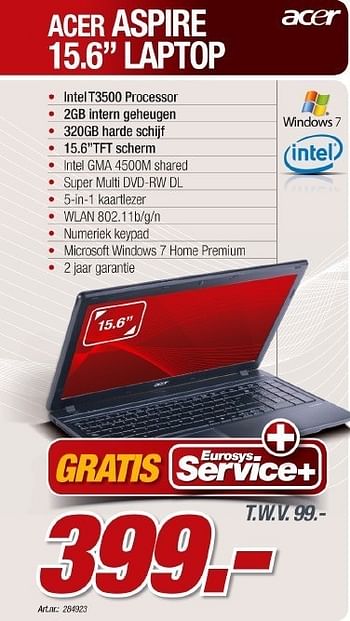 Promotions Intel t3500 processor  - Acer - Valide de 02/02/2011 à 26/02/2011 chez Auva