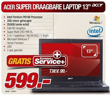 Promotions Super draagbare laptop - Acer - Valide de 08/03/2011 à 07/04/2011 chez Auva