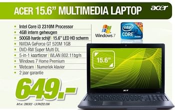 Promotions Multimedia laptop - Acer - Valide de 23/03/2011 à 16/04/2011 chez Auva
