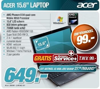 Promotions Laptop - Acer - Valide de 12/05/2011 à 21/06/2011 chez Auva