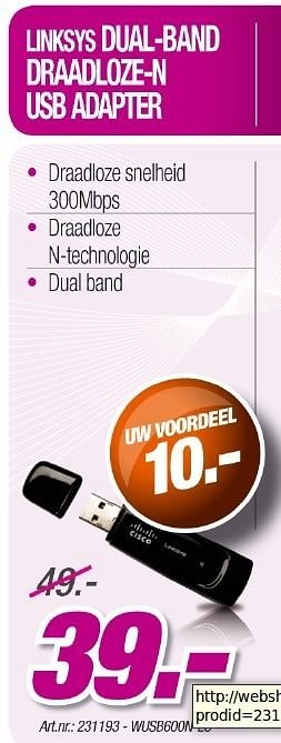 Promoties Dual-band draadloze-n usb adapter - Linksys - Geldig van 12/05/2011 tot 21/06/2011 bij Auva