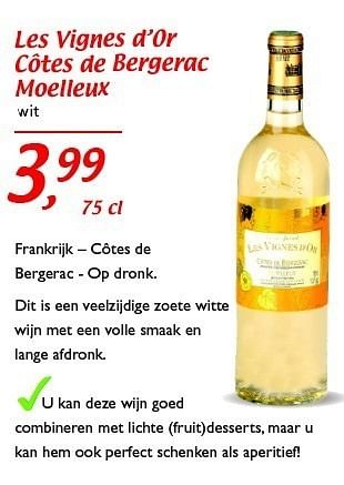 Promoties Les vignes d’or - côtes de bergerac moelleux - Witte wijnen - Geldig van 26/05/2011 tot 04/06/2011 bij Supra