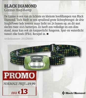 Promoties Gizmo hoofdlamp - Black Diamond - Geldig van 08/06/2011 tot 03/07/2011 bij A.S.Adventure
