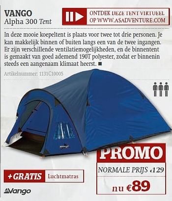 Promoties Alpha 300 tent - Vango - Geldig van 08/06/2011 tot 03/07/2011 bij A.S.Adventure