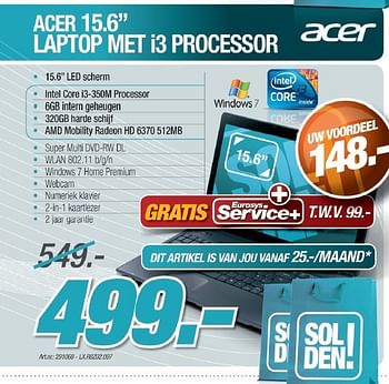 Promotions Laptop met i3 processor - Acer - Valide de 01/07/2011 à 02/08/2011 chez Auva