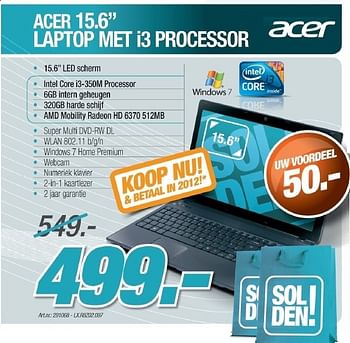 Promoties Laptop met i3 processor - Acer - Geldig van 01/07/2011 tot 01/09/2011 bij PC Center